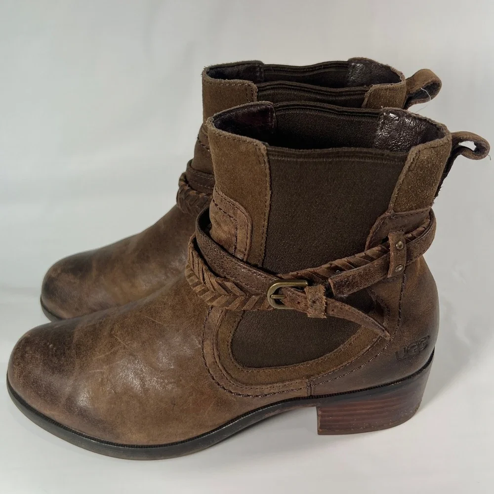 UGG Krewe Ankle Boots Womens 8 Chocolate Brown‎ Leather Moto Harness 1004207